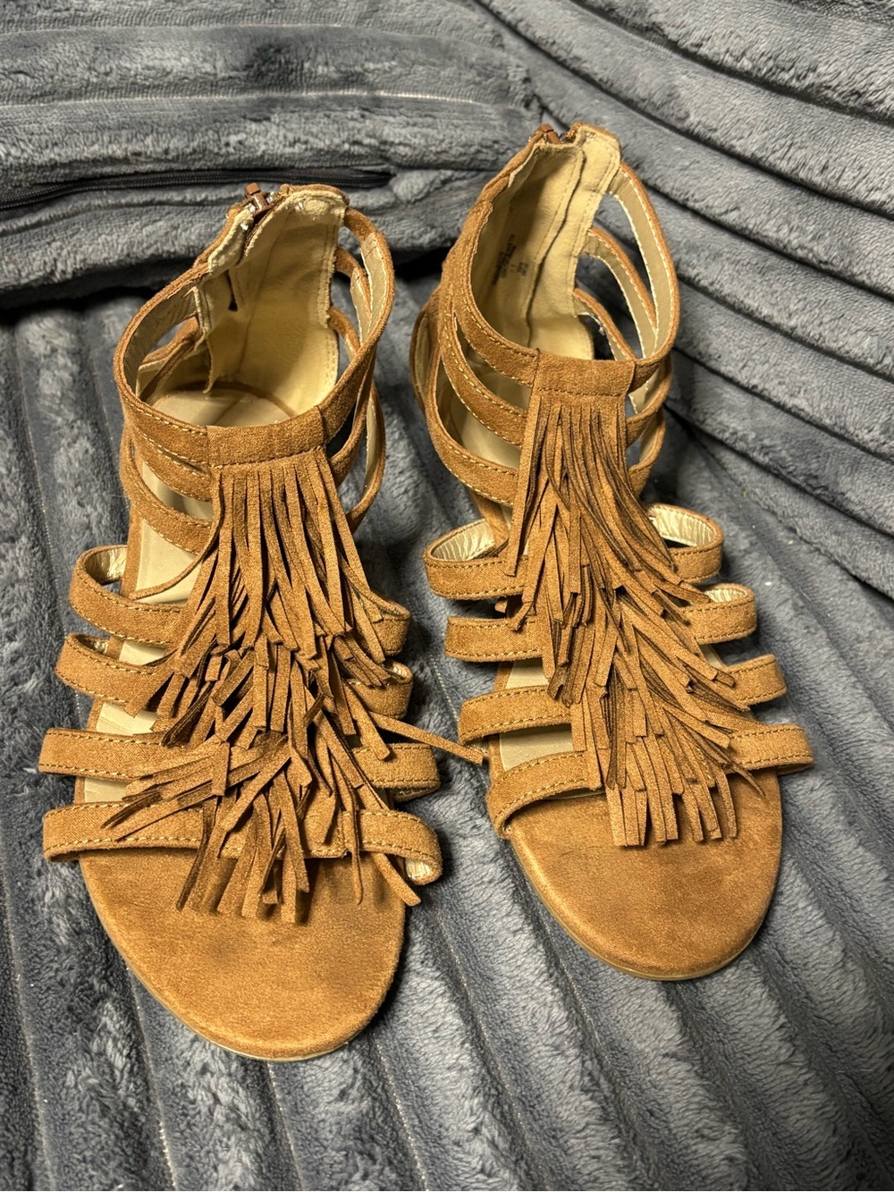 Fringed Suede Gladiator Sandals in Tan